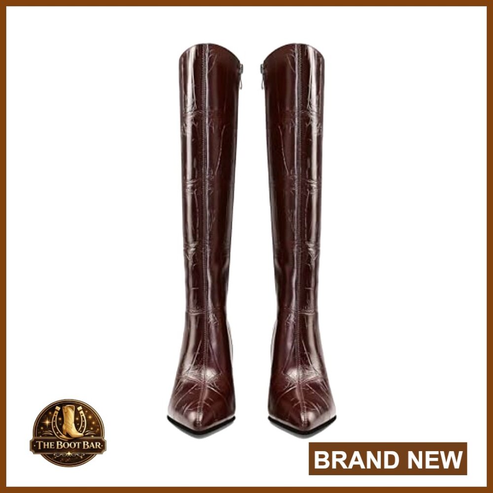 Chunky Heel Pointed Toe Knee-High Boots PU Leather - Picture 4 of 6